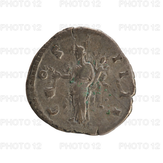 Denarius, Antoninus Pius (86–161; Roman emperor 138–161). Obverse: ANTONINVS AVG PIVS PP TR P XVI — Head of the emperor in a laurel wreath facing right; pearl border. Reverse: COS IIII — Vesta in a veil stands facing left; in her right hand she holds a simpulum, in her left hand a palladium; pearl border. Date: 152–153. Place: Rome, Roman Empire (27 BC–476). Coin; weight 2.92 g; axis 180 degrees. Iconography: busts, Vesta (mythology); attributes: palladium, simpulum.