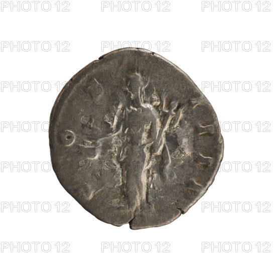 denarius, Antoninus Pius (86–161; Roman emperor 138–161) — iconography: busts, Vesta (mythology), imperial busts; attributes: simpulum, palladium. Obv. NINVS AVG PI V S PP TR P XVI — head of the emperor in a laurel wreath facing right; pearl border. Rv. COS IIII — Vesta in a veil stands facing left holding a simpulum in her right hand and a palladium in her left; pearl border. Date: 152–153. Roman Empire (27 BC–476). Rome. Coin; weight 2.80 g; axis 180 degrees.