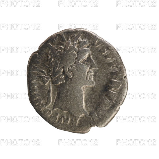denarius, Antoninus Pius (86–161; Roman emperor 138–161); obverse: Emperor's head in a laurel wreath right; inscription ANTONINVS AVG PIVS PP TR P XVI; pearl border. Reverse: IIII Annona stands facing left, holding ears of corn in her right hand and resting her left hand on a modius standing on a ship (only half visible). Iconography: busts, imperial busts, Annona (personification), ears of corn (attribute), modius (attribute). Hoard find (Golub). Date: 152–153 CE. Roman Empire (27 BC–476). Rome. Coin; weight 2.97 g; axis 180°.
