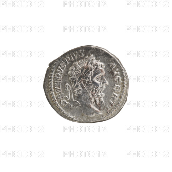 Denarius depicting Neptune; maker: Septimius Severus (Roman emperor, 146–211). Obverse: SEVERVSPIVS AVGBRIT — head of the emperor in a laurel wreath facing right; pearl border. Reverse: PMTRPXIX COSIIIPP — naked Neptune stands facing left with his leg resting on a crutch, right hand on his knee, holding a trident in his left; pearl border. Iconography: Neptune, trident. Date: 211. Culture: Roman Empire. Place: Rome. Medium: coin. Dimensions: diameter 19.0–19.5 mm; weight 3.05 g.