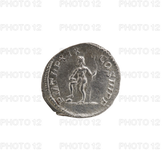 Denarius, obverse: head of Emperor Septimius Severus (146–211) in a laurel wreath facing right; legend 'SEVERVSPIVS AVGBRIT'; pearl border. Reverse: naked Neptune facing left, leg resting on a crutch, right hand on his knee, holding a trident in left; pearl border. Iconography: Neptune, trident. Date: 211. Culture: Roman Empire. Place: Rome. Material/function: coin. Diameter: 19.0–19.5 mm. Weight: 3.05 g.
