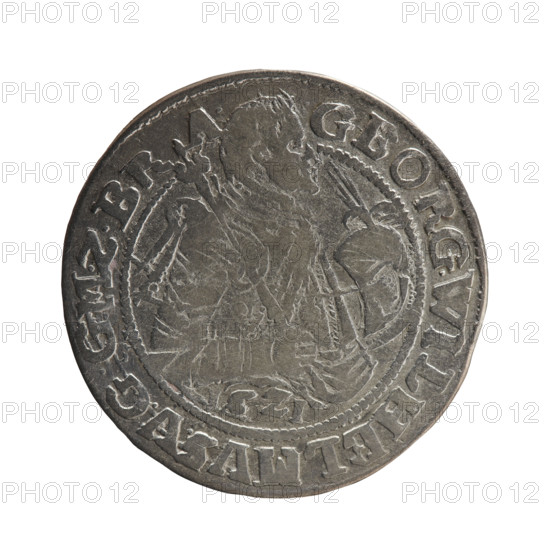 Obv. A bust in armor turned right, girded with a sash. A sceptre in his right hand. In front of the bust, on the right side in the coin field, a helmet with a plume. Below the date numerals I6ZI. The figure's head and the sceptre divide the inner border. In the rim between the borders is the inscription .GEORG.WILHELMVS.VGGMZBR - A. Rw. Below the ducal mitre, a five-field coat of arms shield with ornaments. In the rim between the borders, an inscription divided by a mitre DHRRERTC.VCHVRE.IPZ GCBH. 1621, Ducal Prussia (1525–1701), Königsberg. Coin: diameter 29.3 mm, weight 6.47 g, axis 225°.