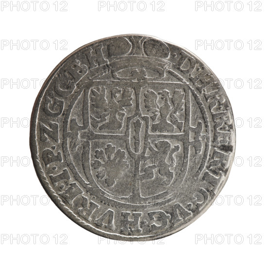 Obv. A bust in armor turned right, girded with a sash. A sceptre in his right hand. In front of the bust, on the right side in the coin field, a helmet with a plume. Below the date numerals I6ZI. The figure's head and the sceptre divide the inner border. In the rim between the borders is the inscription .GEORG.WILHELMVS.VGGMZBR - A. Rw. Below the ducal mitre, a five-field coat of arms shield with ornaments. In the rim between the borders, an inscription divided by a mitre DHRRERTC.VCHVRE.IPZ GCBH. 1621. Ducal Prussia (1525–1701), Königsberg. Coin: diameter 29.3 mm, weight 6.47 g, axis 225°.