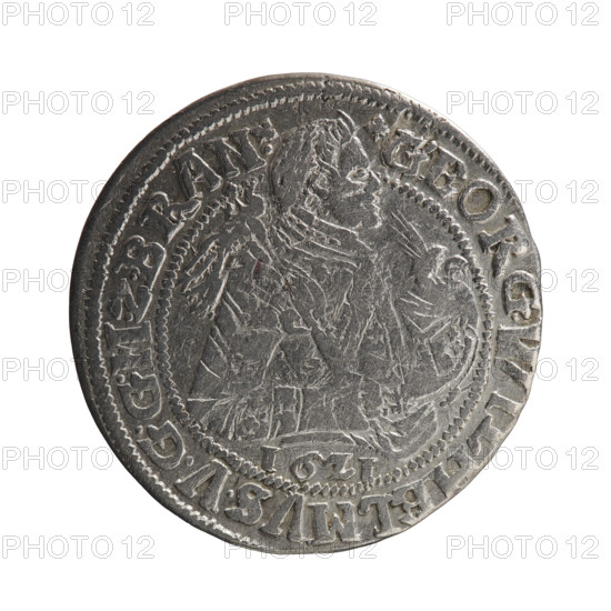 Obv. A bust in armor turned right, girded with a sash. A sceptre in his right hand. In front of the bust, on the right side in the coin field, a helmet with a plume. Below the date numeral I6ZI. The figure's head divides the inner border. In the rim between the borders is the inscription +GEORG.WILHELMVS.VGGMZBRAN+. Rev. Below the ducal mitre, a five-field coat of arms shield with ornaments. On the rim between the borders, an inscription divided by a mitre and ending with a heart DHRRERT.CV.CHVRI.PZGCBH. 1621. Ducal Prussia (1525–1701), Königsberg. Coin: diameter 29.7 mm, weight 6.84 g, axis 270 degrees.