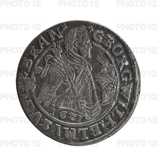 Obv. A bust in armor turned right, girded with a sash. A sceptre in his right hand. In front of the bust, on the right side in the coin field, a helmet with a plume. Below the date numeral I6ZI. The figure's head divides the inner border. In the rim between the borders, the inscription +GEORG.WILHELMVS.VGG, .Z.BRAN.+ Rw. Below the ducal mitre, a five-field coat of arms shield with ornaments. On the rim between the borders, an inscription divided by a mitre and ending with a heart +DHRRERT.CV.CHVR.FIZGCBH. 1621. Ducal Prussia (1525–1701), Königsberg. Coin: diameter 29.5 mm, weight 5.77 g, axis 330°.
