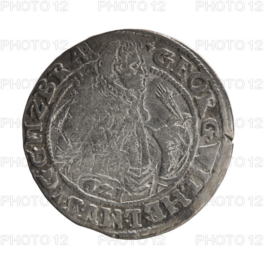 Obv. A bust in armor turned right, girded with a sash. A sceptre in his right hand. In front of the bust, on the right side in the coin field, a helmet with a plume. Below the date numeral 1621. The figure's head divides the inner border. In the rim between the borders is the inscription +GEORG.WILHEL.MVS, GGMZBR. Rv. Below the ducal mitre, a five-field coat of arms shield with ornaments. In the rim between the borders an inscription divided by a mitre and ending with a heart, .RRERT.CV, HVR.FIPZ G, BH. 1621. Ducal Prussia (1525–1701), Königsberg. Coin: diameter 29.7 mm, weight 6.51 g, axis 90°.