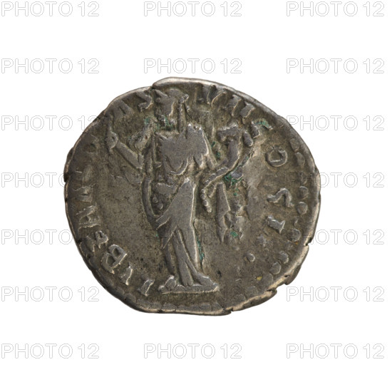 Denarius of Antoninus Pius (86–161; Roman emperor 138–161). Obverse: Emperor's bust wearing a laurel wreath, right; inscription ANTONINVS AVG PIVS PP TR P XVII. Reverse: LIBERALITAS — personification of Liberalitas standing left, holding an abacus in her right hand and a cornucopia in her left; inscription LIBERALITAS VII COS IIII. Pearl border. Date ca. 153–154 CE. Roman Empire (27 BC–476), Rome. Silver coin, weight 3.56 g, axis 180°.