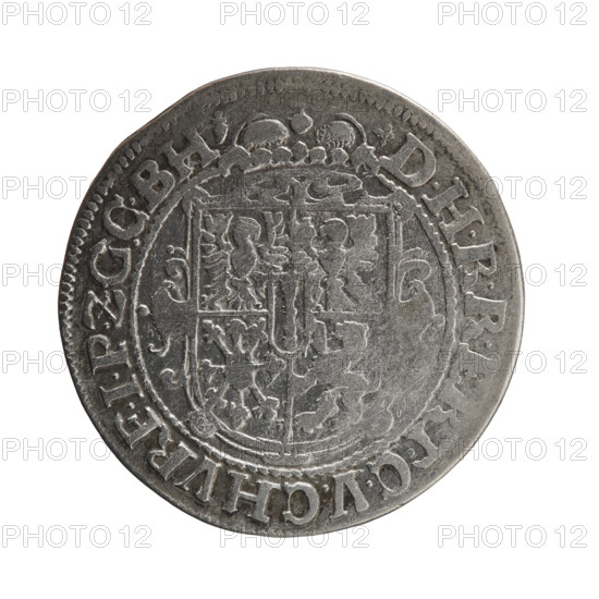 Obv. Bust turned to the right in decorative armor girded with a sash. In the right hand a sceptre, the left resting on a sword hilt. In front of the figure whose head divides the inner border. Date numerals I6ZI. In the rim between the borders the inscription +GEORG WILHELMVS.VGGMZBRAN+ Rv. Under the ducal mitre a five-field coat of arms shield with ornaments. On the rim between the borders, an inscription divided by a mitre and ending with a heart +DHRRERT.CVCVCHVRF.IPZGCBH. 1621. Ducal Prussia (1525–1701), Königsberg. Coin: diameter 29.6 mm, weight 6.73 g, axis 90°. Subject: George William Hohenzollern (Elector of Brandenburg; Duke of Prussia; 1620–1640).