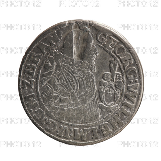 Obv. Bust in a wide ruff and armor facing right, girded with a sash. A sceptre in his right hand. In front of the bust, on the right side in the coin field, a helmet with a plume and a raised visor. The figure's head divides the inner rim. On the rim between the rims is an inscription ending with a heart GEORG:WILHELM:V:G:G:M:Z:BRAN. Rev. Under the ducal mitre, a five-field coat of arms with ornaments. On the sides of the shield, the date numerals ZZ. On the rim, between the rims, an inscription divided by a mitre and ending with a heart D:H:R:R:ERT:C:V:CHVRF:I:P:Z:G:G:B:H, 1622. George William of Hohenzollern (Elector of Brandenburg; Duke of Prussia; 1620–1640). Ducal Prussia (1525–1701), Königsberg. Coin; diameter 29.4 mm; weight 6.28 g; axis 350 degrees.