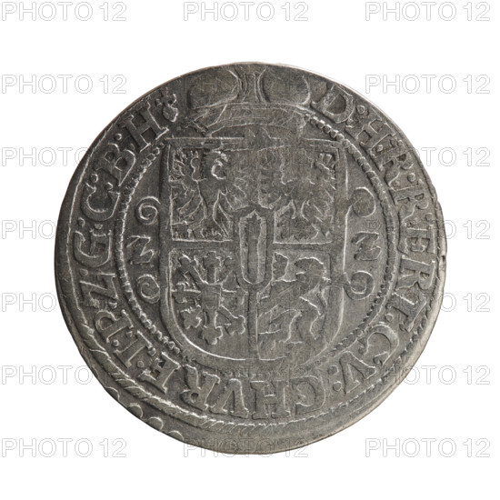 Obv. Bust in a wide ruff and armor facing right, girded with a sash. A sceptre in his right hand. In front of the bust, on the right side in the coin field, a helmet with a plume and a raised visor. The figure's head divides the inner rim. On the rim between the rims is an inscription ending with a heart GEORG:WILHELM:V:G:G:M:Z:BRAN. Rev. Under the ducal mitre, a five-field coat of arms with ornaments. On the sides of the shield, the date numerals ZZ. On the rim, between the rims, an inscription divided by a mitre and ending with a heart D:H:R:R:ERT:C:V:CHVRF:I:P:Z:G:G:B:H, 1622. George William of Hohenzollern (Elector of Brandenburg; Duke of Prussia; 1620–1640). Ducal Prussia (1525–1701), Königsberg. Coin; diameter 29.4 mm; weight 6.28 g; axis 350 degrees.