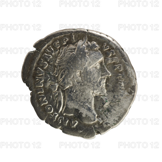 Denarius of Antoninus Pius (86–161; Roman emperor 138–161). Obverse: ANTONINVS AVG PIVS P P TR P XVIII — Emperor's head in a laurel wreath, facing right. Pearl border. Reverse: COS IIII — Annona stands facing left, holding ears of corn in her right hand; her left rests on a modius standing on a ship (half visible). Attributes: ears of corn, modius. Iconography: busts, Annona personification. Hoard find noted (Golub). Date: 154–155 CE. Roman Empire (27 BC–476). Material: silver coin (denarius). Weight: 3.17 g. Axis: 180°.