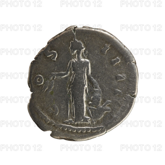 Denarius of Antoninus Pius (reigned 138–161). Obverse: Emperor's head laureate facing right; legend 'ANTONINVS AVG PI VS PP TR P XVIII'. Reverse: Annona standing left, holding ears of corn in her right hand and resting her left on a modius on a ship; legend 'C O S IIII'. Iconography: busts, Annona (personification), ears of corn, modius. Minted 154–155 CE, Roman Empire (27 BC–476). Coin, weight 3.17 g, axis 180°.