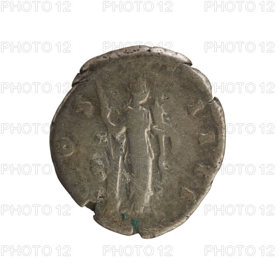 Denarius of Antoninus Pius (86–161; Roman emperor 138–161). Silver coin, weight 3.06 g, minted 154–155, Roman Empire (27 BC–476), Rome. Obverse: ANTONINVS, S P P TR P XVIII — Emperor's head in a laurel wreath facing right; pearl border. Reverse: C O S IIII — Fortuna stands facing right, holding a rudder in her right hand and a cornucopia in her left. Iconography: imperial busts; Fortuna (personification) with rudder and cornucopia.