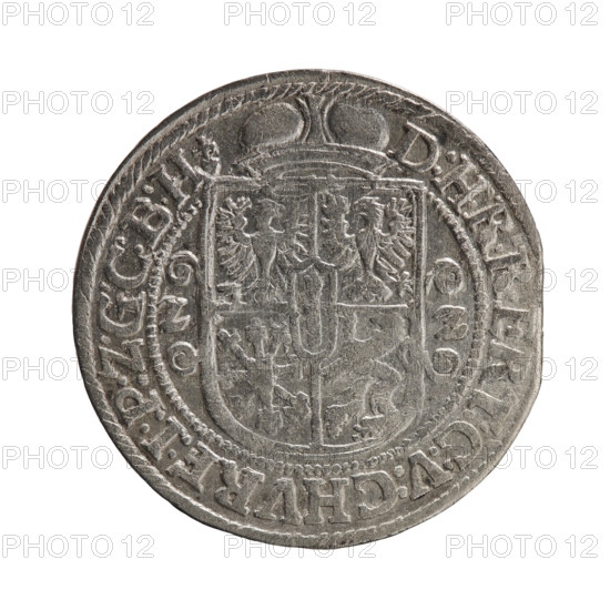 Obv. Bust facing right in a mitre, wide ruff, and armor girded with a sash. A sceptre in his right hand, the left resting on a sword hilt. The figure's head divides the inner border. In the rim between the borders is the inscription GEORG:WILHELM:V:G:G:M:Z:BRAN: Rev. Below the ducal mitre, a five-field coat of arms with ornaments. On the sides of the shield are the date numerals ZZ. In the rim between the borders an inscription divided by a mitre D:H:R:R:ERT:C:V:CHVRF:I:P:Z:G:C:B:H. 1622. Ducal Prussia (1525–1701), Königsberg. Coin: diameter 29.6 mm, weight 6.50 g, axis 0°.