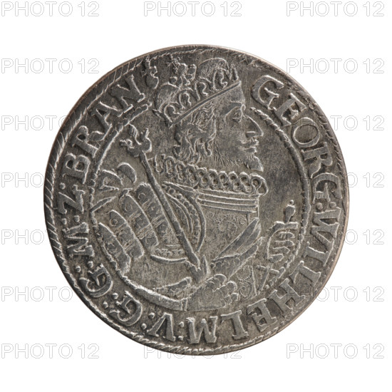 Obv. Bust facing right in a mitre, wide ruff and armor girded with a sash. A sceptre in his right hand, the left resting on a sword hilt. The figure's head divides the inner border. On the rim between the borders is an inscription ending with a heart GEORG:WILHELM:V:G:G:M:Z:BRAN. Rev. Below the ducal mitre, a five-field coat of arms with ornaments. On the sides of the shield are the date numerals 2-2. In the rim between the borders, an inscription divided by a mitre D:H:R:R:ERT:C:V:CHVRF:I:P:Z:G:C:B:H. 1622. George William, Elector of Brandenburg; Duke of Prussia (1620–1640). Ducal Prussia (1525–1701), Königsberg. Coin: diameter 29.7 mm, weight 6.58 g, axis 0°.