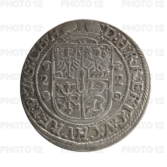 Obv. Bust facing right in a mitre, wide ruff and armor girded with a sash. A sceptre in his right hand, the left resting on a sword hilt. The figure's head divides the inner border. On the rim between the borders is an inscription ending with a heart GEORG:WILHELM:V:G:G:M:Z:BRAN. Rev. Below the ducal mitre, a five-field coat of arms with ornaments. On the sides of the shield are the date numerals 2-2. In the rim between the borders, an inscription divided by a mitre D:H:R:R:ERT:C:V:CHVRF:I:P:Z:G:C:B:H, 1622. Ducal Prussia (1525–1701), Königsberg; coin: diameter 29.7 mm, weight 6.58 g, axis 0°.