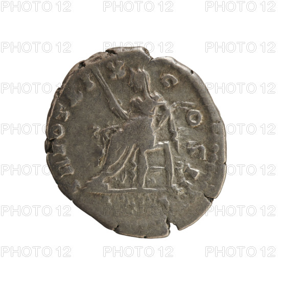 Denarius of Antoninus Pius (86–161; Roman emperor 138–161). Obverse: Emperor's head in a laurel wreath facing right; pearl border; inscription: ANTINVS AVG PIVS PP IMP II. Reverse: Ceres seated left, holding a scepter in her right hand and ears of corn in her left; pearl border; inscription: TR POT XI COS IIII. Date: 155–156. Roman Empire (27 BC–476), Rome. Coin; weight 3.24 g; axis 180°.