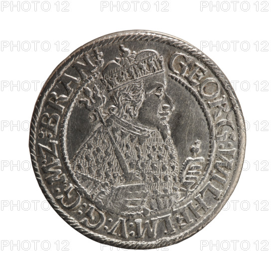 Obv. Bust facing right in mitre and electoral mantle. In the right hand a sceptre, the left resting on a sword hilt. The figure's head divides the inner border. In the rim between the borders is an inscription ending with a heart GEORG:WILHELM:V:G:G:M:Z:BRAN. Rev. Below the ducal mitre, a five-field coat of arms with ornaments. On the sides of the shield are the date numerals ZZ. In the rim between the borders an inscription divided by a mitre :DH:R:R:ERT:C:V:CHVR:F:I:P:Z:G:G:B:H:. 1622. Ducal Prussia (1525–1701), Königsberg. Coin; diameter 30.0 mm; weight 6.33 g; axis 320°.