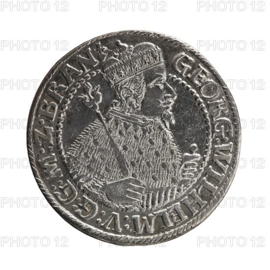 Obv. Bust facing right in mitre and electoral mantle. In the right hand a sceptre, the left resting on a sword hilt. The figure's head divides the inner border. In the rim between the borders an inscription ending with a heart GEORG:WILHELM:V:G:G:M:Z:BRAN. Rev. Under the ducal mitre a five-field coat of arms with ornaments. On the sides of the shield the numerals of the dates 2-2. In the rim between the borders an inscription divided by a mitre :DH:R:R:ERT:C:V:CHVRF:I:P:Z:G:C:B:H:. 1622. Ducal Prussia (1525–1701), Königsberg. Coin: diameter 30.0 mm; weight 6.40 g; axis 315°.