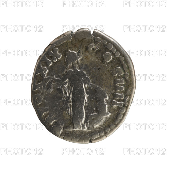 denarius, Antoninus Pius (86–161; Roman emperor 138–161) — iconography: busts, imperial busts; Annona (personification) with ears of corn (attribute) and modius (attribute). Obv. ANTONINVS AVG PIVS PP IMP II — Emperor's head in a laurel wreath, right; pearl border. Rev. TR POT XIX C O S IIII — Annona stands facing left, holding ears of corn in her right hand, resting on a modius standing on a ship (half visible); pearl border. Date: 155–156. Roman Empire (27 BC–476). Rome. Coin, weight 3.10 g, axis 180°.