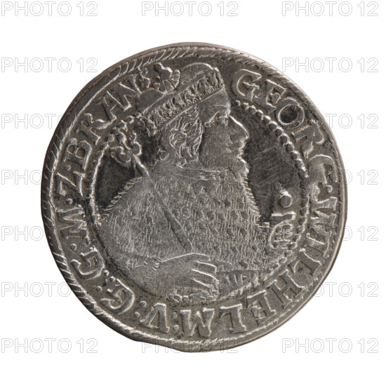 Obv. Bust facing right in mitre and electoral mantle. In the right hand a sceptre, the left resting on a sword hilt. The figure's head divides the inner border. On the rim between the borders an inscription ending with a heart GEORG:WILHELM:V:G.:G:MZBRAN. Rev. Under the ducal mitre a five-field coat of arms with ornaments. On the sides of the shield the numerals of the dates 2-2. In the rim between the borders an inscription divided by a mitre and ending with a heart D:H:R:R:ERT:C:V:CHVRF:I:P:Z, C:B:H, 1622. George William Hohenzollern (Elector of Brandenburg; Duke of Prussia; 1620–1640). Ducal Prussia (1525–1701), Königsberg. Coin; diameter 30.0 mm; weight 6.52 g; axis 0°.