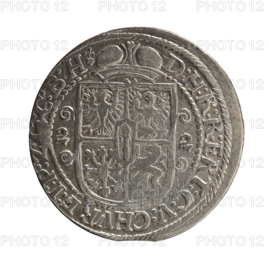 Obv. Bust facing right in mitre and electoral mantle. In the right hand a sceptre, the left resting on a sword hilt. The figure's head divides the inner border. On the rim between the borders an inscription ending with a heart GEORG:WILHELM:V:G.:G:MZBRAN. Rev. Under the ducal mitre a five-field coat of arms with ornaments. On the sides of the shield the numerals of the dates 2-2. In the rim between the borders an inscription divided by a mitre and ending with a heart D:H:R:R:ERT:C:V:CHVRF:I:P:Z, C:B:H, 1622. George William Hohenzollern (Elector of Brandenburg; Duke of Prussia; 1620-1640). Ducal Prussia (1525-1701), Königsberg. Coin; diameter 30.0 mm; weight 6.52 g; axis 0°.