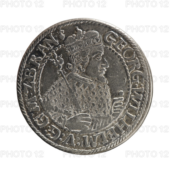 Obv. Bust facing right in mitre and electoral mantle. In the right hand a sceptre, the left resting on a sword hilt. The figure's head divides the inner border. In the rim between the borders is an inscription ending with a heart GEORG:WILHELM:V:G:G:M:Z:BRAN. Rev. Below the ducal mitre, a five-field coat of arms with ornaments. On the sides of the shield are the date numerals ZZ. In the rim between the borders an inscription divided by a mitre :D:H:R:R:ERT:C:V:CHVRF:I:P:Z:G:G:B:H:. 1622. Ducal Prussia (1525–1701), Königsberg. Coin; diameter 30.0 mm; weight 7.58 g; axis 330°.