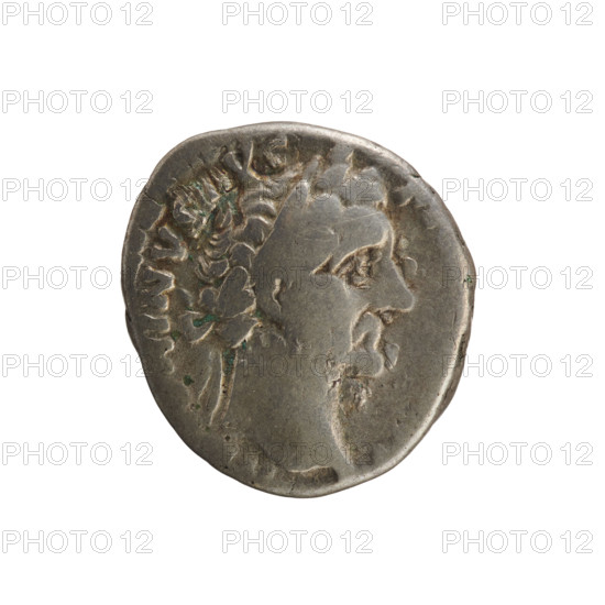Denarius of Antoninus Pius (86–161; Roman emperor 138–161). Obverse: Emperor's head in a laurel wreath facing right, pearl border, inscription NINVS VG P. Reverse: Pax standing left, holding a branch in right hand and a cornucopia in left, pearl border, inscription TR POT XIX. Hoard find; dated 155–156. Roman Empire (27 BC–476), Rome. Coin, weight 3.61 g, axis 180°.