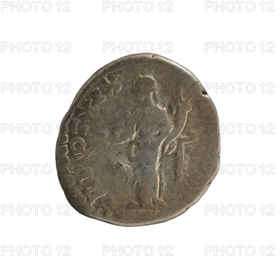 Denarius, Antoninus Pius (86–161; Roman emperor 138–161). Obverse: Emperor's head in a laurel wreath facing right; legend NINVS VGP (pearl border). Reverse: Pax standing facing left, holding a branch in his right hand and a cornucopia in his left (pearl border). Bronze/ silver coin, weight 3.61 g, axis 180°. Date: 155–156 CE, Roman Empire (27 BC–476), Rome.