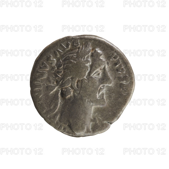 denarius, Antoninus Pius (86–161; Roman emperor 138–161); obverse: emperor's bust in laurel wreath facing right, pearl border, inscription NINVS AVG IMP II; reverse: Salus seated facing left, holds a patera in right hand feeding a snake coiled around an altar; attribute: patera; personification: Salus; hoard find (Golub) noted; imperial bust; date c. 155–156; Roman Empire (27 BC–476), Rome; coin; weight 3.50 g; axis 180 degrees.
