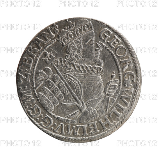 Obv. Bust facing right in a mitre, wide ruff and armor girded with a sash. A sceptre in his right hand, the left resting on a sword hilt. The figure's head divides the inner border. On the rim between the borders is an inscription ending with a heart GEORG:WILHELM:V:G:G:M:Z:BRAN. Rev. Below the ducal mitre, a five-field coat of arms with ornaments. On the sides of the shield are the date numerals 2-2. In the rim between the borders an inscription divided by a mitre :D:H:R:R:ERT:C:V:CHVRF:I:P:Z:G:C:B:H. 1622. George William, Elector of Brandenburg; Duke of Prussia (reign 1620–1640). Königsberg, Ducal Prussia (1525–1701). Coin; diameter 29.6 mm; weight 6.59 g; axis 0 degrees.