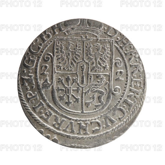 Obverse: Bust facing right in a mitre, wide ruff and armor girded with a sash. A sceptre in his right hand, the left resting on a sword hilt. The figure's head divides the inner border. On the rim between the borders is an inscription ending with a heart GEORG:WILHELM:V:G:G:M:Z:BRAN. Reverse: Below the ducal mitre, a five-field coat of arms with ornaments. On the sides of the shield are the date numerals 2-2. In the rim between the borders an inscription divided by a mitre :D:H:R:R:ERT:C:V:CHVRF:I:P:Z:G:C:B:H. Date: 1622. Place: Königsberg, Ducal Prussia (1525–1701). Object: coin. Diameter: 29.6 mm. Weight: 6.59 g. Axis: 0°. Subject/identification: George William Hohenzollern (Elector of Brandenburg; Duke of Prussia; 1620–1640) — iconography. Maker/attribution: Pfahler, Ernest; Department of Coins of Lands Associated with Poland (if intended as maker/attribution).