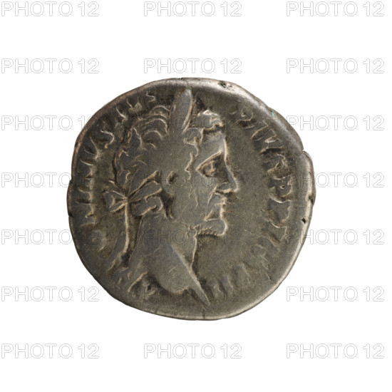 Denarius of Antoninus Pius (86–161; Roman emperor 138–161). Obverse: Emperor's head in a laurel wreath facing right; pearl border; legend ANTONINVS AVG PIVS PP IMP II. Reverse: Annona standing facing right, left leg resting on a ship's prow, holding a rudder in her right hand and a modius in her left; pearl border; legend TR POT XX C O S IIII (beginning and end blurred). Date: 155–156. Roman Empire (27 BC–476). Rome. Coin; weight 3.44 g.