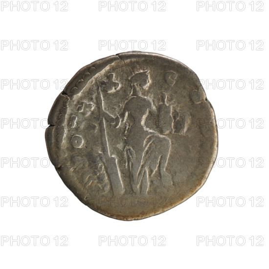 Denarius, Antoninus Pius (86–161; Roman emperor 138–161). Obverse: ANTONINVS AVG PIVS PP IMP II — Emperor's head in a laurel wreath, facing right. Pearl border. Reverse: TR POT XX C O S IIII (beginning and end of the legend blurred) — Annona stands facing right, left leg resting on a ship's prow, holding a rudder in her right hand and a modius in her left. Iconography: busts, imperial busts; attributes: rudder, modius. Date: 155–156. Roman Empire (27 BC–476). Rome. Coin; weight 3.44 g.