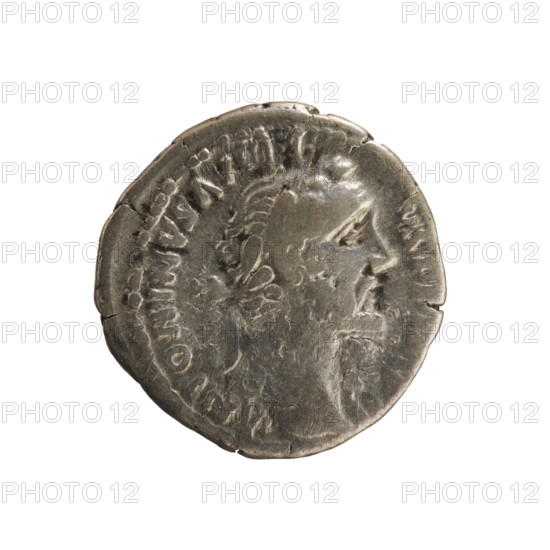 denarius, Antoninus Pius (86–161; Roman emperor 138–161) — iconography, imperial busts; Annona (personification) with rudder (attribute), modius (attribute), ears of corn (attribute). Obverse: NTONINVS AVG PIUS PP IMP II (end of legend poorly legible). Emperor's head laureate, right; pearl border. Reverse: TR POT XX C O S IIII. Annona stands right, right hand holding a rudder on a ball, left hand holding a modius with ears of corn resting on her left knee; her left foot rests on a ship's prow; pearl border. 157–158, Roman Empire, Rome; coin (denarius), weight 3.10 g, axis 180°.