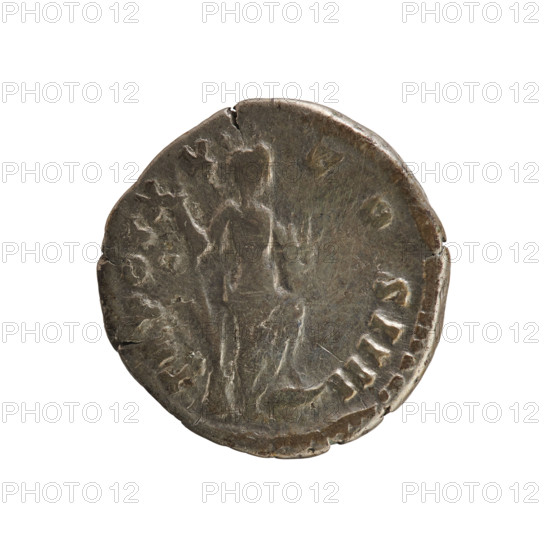 Denarius, Antoninus Pius (86–161; Roman emperor 138–161). Obverse: laureate bust of the emperor right; legend NTONINVS AVG PI V S PP IMP II (end of legend poorly legible). Pearl border. Reverse: TR POT XX C O S IIII. Annona standing right, holding a rudder on a ball in her right hand and a modius with ears of corn in her left, modius resting on her left knee, left foot on a ship's prow. Roman, 157–158. Coin, silver, weight 3.10 g, axis 180°.
