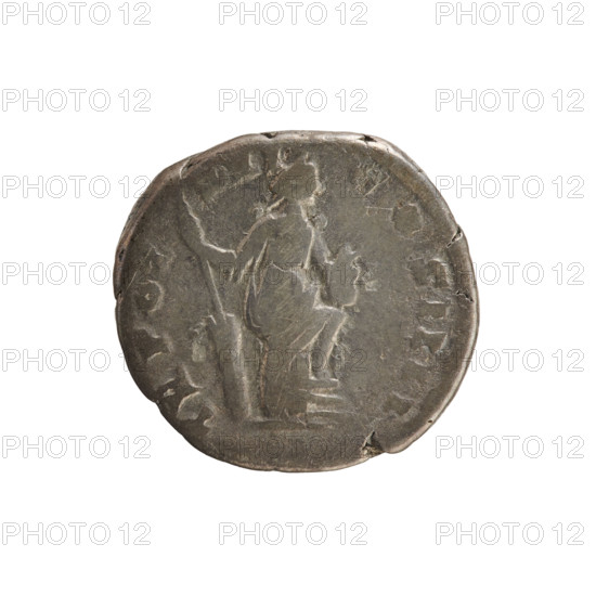 Denarius of Antoninus Pius (86–161; Roman emperor 138–161). Obverse: IMP ANTONINUS PIVS P P — imperial bust laureate facing right. Reverse: TR POT XXI COS IIII — Annona standing right, holding a rudder in her right hand and a modius with ears of corn on her left knee, her left foot resting on a ship's prow. Pearl border. Date: 157–158. Roman Empire (27 BC–476). Rome. Coin; weight 3.26 g; axis 180°.