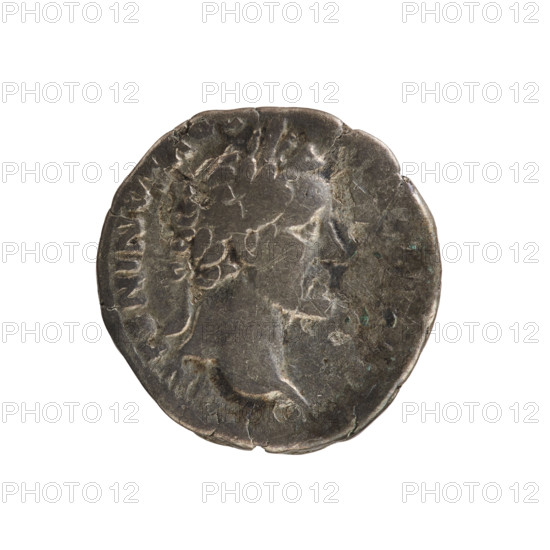 denarius, Antoninus Pius (86–161; Roman emperor 138–161) — iconography: busts, imperial busts; Annona (personification) with attributes rudder (on a ball), ears of corn, modius. Obverse: ANTONINVS AV, emperor's head in a laurel wreath facing right. Reverse: TR POT XXI COS IIII, Annona stands facing right, holding a rudder on a ball in her right hand and a modius with ears of corn in her left, resting on her left knee, her left foot on a ship's prow. Pearl border. Date: 157–158. Roman Empire (27 BC–476). Rome. Coin; weight 2.41 g.