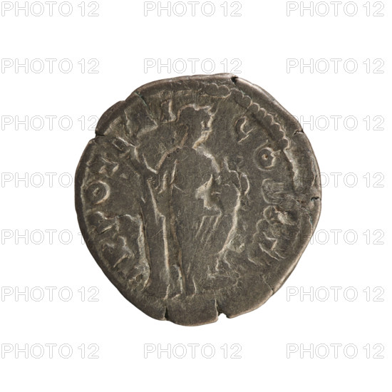 Denarius, Antoninus Pius (86–161; Roman emperor 138–161). Obverse: ANTONINVS AV, emperor's bust in a laurel wreath facing right. Reverse: TR POT XXI C O S IIII, Annona standing facing right holding a rudder on a ball in her right hand and a modius with ears of corn in her left, the modius resting on her left knee with her left foot on a ship's prow. Pearl border. 157–158 CE. Roman Empire (27 BC–476). Rome. Coin; weight 2.41 g.