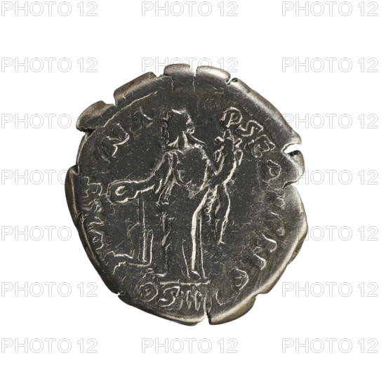 Denarius of Antoninus Pius (86–161; Roman emperor 138–161). Obverse: Emperor's head laureate, right; inscription 'ANTONINVS AVG PI', pearl border. Reverse: Fortuna standing left, holding a patera and a rudder in her right hand and a cornucopia in her left; inscription 'ORTVNA PSECVENS' (or ORTVNA PSEQUENS) with control mark 'OS IIII' beneath the line. Roman, 158–159 CE. Silver coin, weight 2.98 g, axis 180°.