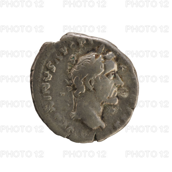 Denarius of Antoninus Pius (86–161; Roman emperor 138–161). Obverse: Emperor's head in a laurel wreath facing right; legend NTONINVS AVG PI. Reverse: Veiled emperor stands facing left, holding a patera in his right hand above a tripod, left hand at his side, with a bull next to the tripod; legend VOTA SOL DECENN II and under the line COS IIII. Pearl borders. Date: 158–159. Roman Empire (27 BC–476). Rome. Coin, weight 3.30 g, axis 180°.