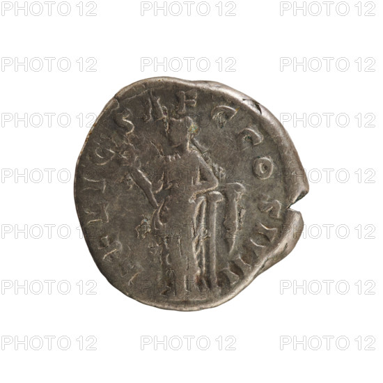 Denarius, Antoninus Pius (86–161; Roman Emperor 138–161). Obverse: ANTONINVS AVG PIVS PP TR P XXIII — Emperor's head in a laurel wreath facing right. Pearl border. Reverse: FELIC SAEC COS IIII — Felicitas stands facing left, holding a caduceus in her raised right hand and resting her left hand on a column. Pearl border. Treasure from Golub (numism). Caduceus attribute. Date: 159–160. Roman Empire (27 BC–476). Rome. Coin; weight 3.23 g; axis 180°.
