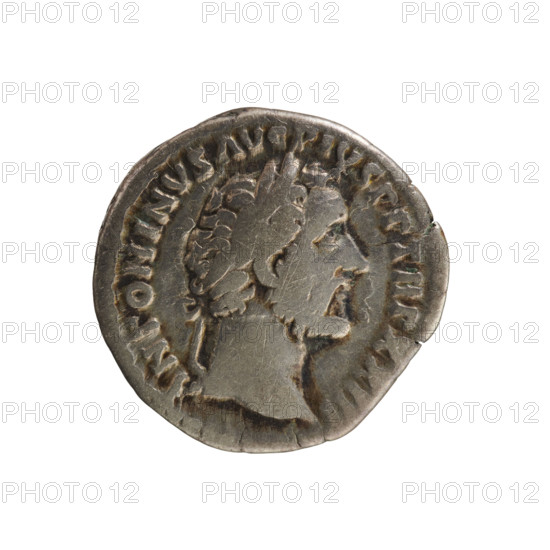 denarius, Antoninus Pius (86–161; Roman emperor 138–161); obverse: ANTONINVS AVG PIVS PP TR P XXIII — emperor's head in a laurel wreath facing right; pearl border. Reverse: PACI AVG COS IIII — Pax standing facing left, holding a branch in right hand and a scepter in left; pearl border. 159–160 CE; Roman Empire; Rome. Coin; weight 3.30 g; axis 180°. Subjects: busts, imperial iconography, Pax (personification), twig (attribute), scepter (attribute); hoard find indicated (numismatic treasure).