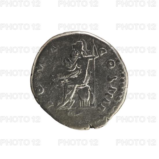 Denarius, Antoninus Pius (86–161; Roman emperor 138–161). Obverse: ANTONINVS AVG PIVS PP TR P XXIII — Emperor's head in a laurel wreath facing right. Pearl border. Reverse: ROMA COS IIII — Roma seated facing left, holding Victoria in her right hand and a spear in her left. Pearl border. Iconography: busts, Roma (mythology), Victoria (personification/attribute), spear. Date: 159–160. Roman Empire (27 BC–476). Rome. Coin; weight 3.15 g; axis 180 degrees.