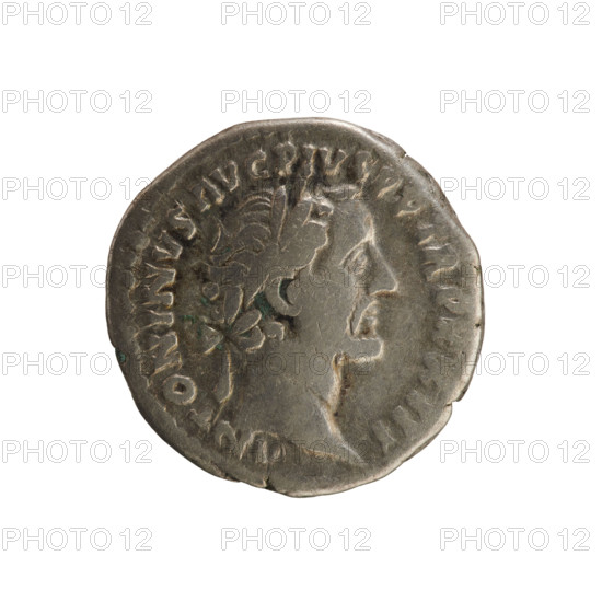 denarius, Antoninus Pius (86–161; Roman emperor 138–161) — iconography: busts, Roma (mythology), Victoria (personification/attribute), spear (attribute); Obv. ANTONINVS AVG PIVS PP TR P XXIII — emperor's head in a laurel wreath facing right; pearl border. Rev. ROMA COS II, I — Roma seated facing left, holding Victoria in her right hand and a spear in her left; pearl border. Date: 159–160. Culture: Roman Empire (27 BC–476). Medium: coin (denarius). Weight: 2.95 g.