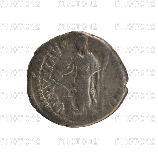 Denarius of Antoninus Pius (86–161; Roman emperor 138–161), 159–160. Obverse: ANTONINVS AVG PIVS PP TR P XXIII — Emperor's head in laurel wreath, right; pearl border. Reverse: SALVTI AVG — Salus stands facing left, right hand holds a patera feeding a snake coiled around an altar, left holds a scepter; pearl border. Roman Empire (27 BC–476). Rome. Coin; weight 3.24 g; axis 180°.
