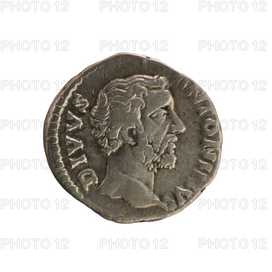 Denarius, Antoninus Pius (86–161, Roman emperor 138–161), posthumous issue for Marcus Aurelius (121–180, Roman emperor 161–180). Obverse: Emperor's head right; legend AW. DIVVS ANTONINVS; pearled border. Reverse: CONSECRTIO — Eagle standing right, head turned back, on an altar decorated with a garland; pearled border. After 161 CE; Roman Empire, Rome. Coin; weight 3.49 g.