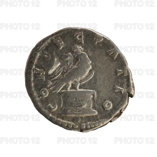 Denarius, posthumous issue of Antoninus Pius (86–161; Roman emperor 138–161) and Marcus Aurelius (121–180; Roman emperor 161–180). Obverse: beaded border, right-facing imperial bust of Antoninus Pius with inscription AW. DIVVS ANTONINVS. Reverse: beaded border, eagle standing right with head turned backward on an altar decorated with a garland, inscription CON ECR TIO. After 161 CE, Roman Empire (27 BCE–476 CE), Rome; coin; weight 3.21 g.