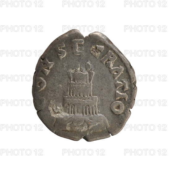 Denarius, posthumous issue: Antoninus Pius (86–161, Roman emperor 138–161) and Marcus Aurelius (121–180, Roman emperor 161–180). Obverse: Head of the Emperor to the right; pearled border; inscription: 'ADV. DI. VS ANTONINV S' (legend abbreviated). Reverse: 'CONSECRATIO'; four-stepped funeral pyre decorated with garlands and topped with a quadriga; pearled border. After 166 CE. Roman Empire (27 BCE–476 CE). Coin; weight 3.15 g; axis 180°.