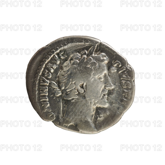 Denarius, Antoninus Pius (86–161; Roman emperor 138–161). Obverse: Emperor's head with a laurel wreath facing right; pearl border; inscription 'A[N]TONINVS AVG PIVS PP'. Reverse: COS IIII. Salus stands facing left, feeding a snake coiled around an altar with a patera in her right hand and holding a rudder on a sphere in her left; pearl border. Roman Empire, 147–149 CE. Rome. Silver coin, weight 3.19 g, axis 180°.